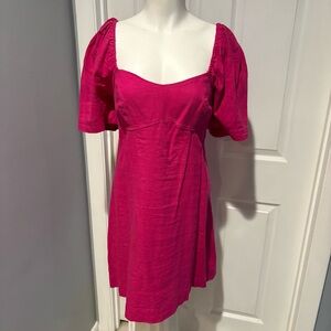 A new day Fuchsia Puff-Sleeve Linen Midi Sun Dress  S/L. NWT
